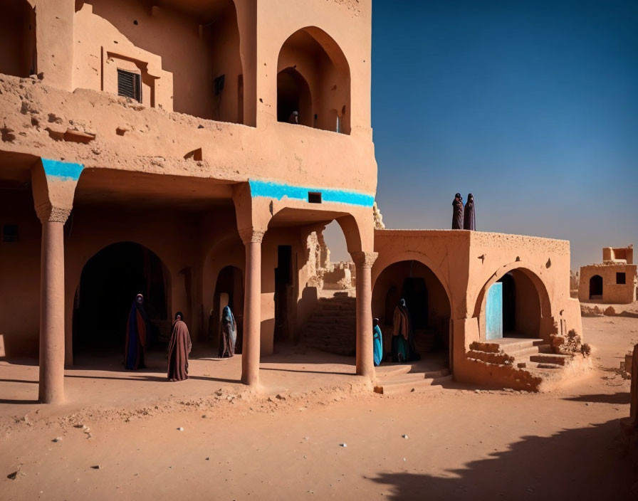 Traditional Earthen Architecture with People in Cultural Attire and Blue Accents under Bright Sunlight