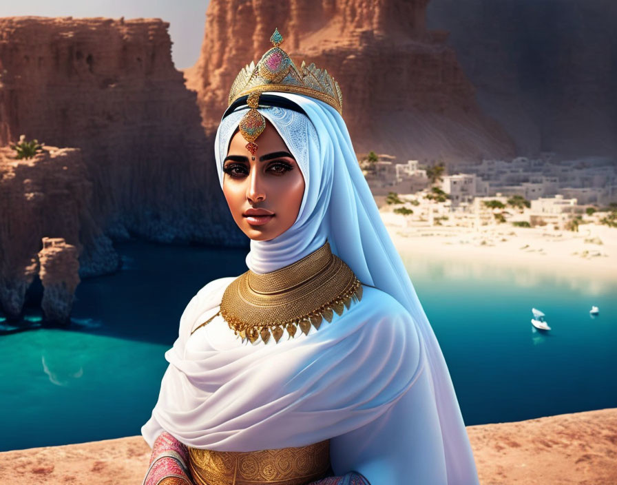 Regal woman in hijab with gold jewelry in desert oasis setting