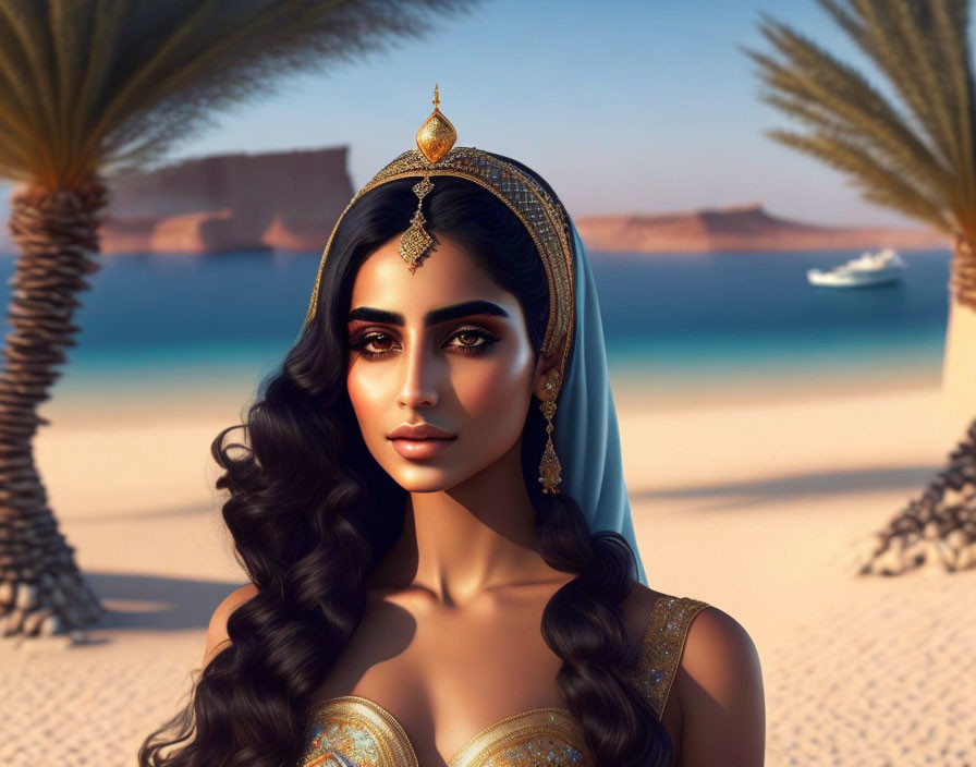 Digital artwork: Woman with gold jewelry, headpiece, long wavy hair in desert oasis.