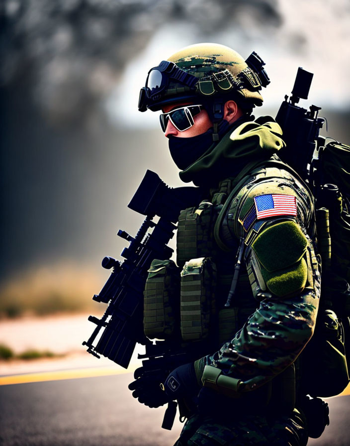 Military soldier in camo gear with rifle and helmet on hazy roadside