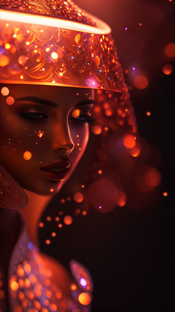 Stylized portrait of a woman with glowing orange and red tones and intricate headgear surrounded by floating