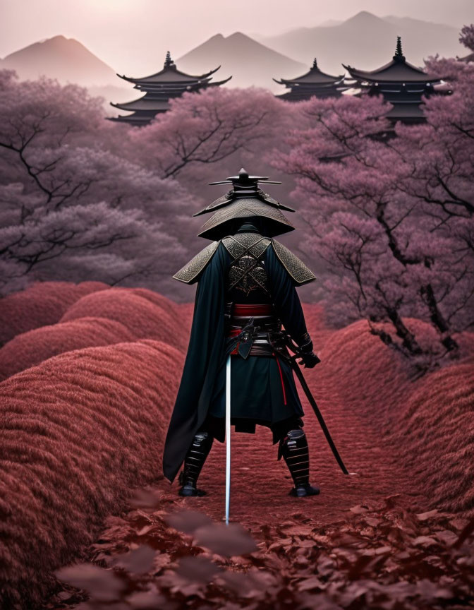 Samurai with sword in blush-colored foliage near ancient pagodas.