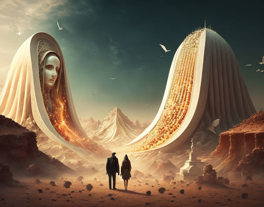 Surreal landscape with ring-like structure and woman's face in desert