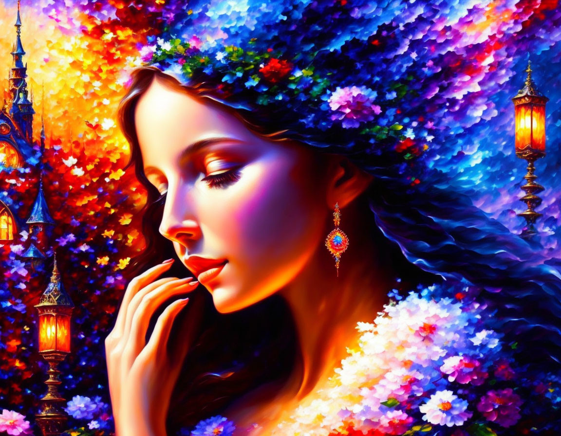 Colorful Portrait of Woman with Flowers and Castle Background