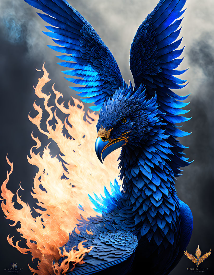 Vibrant blue phoenix with spread wings in fiery backdrop