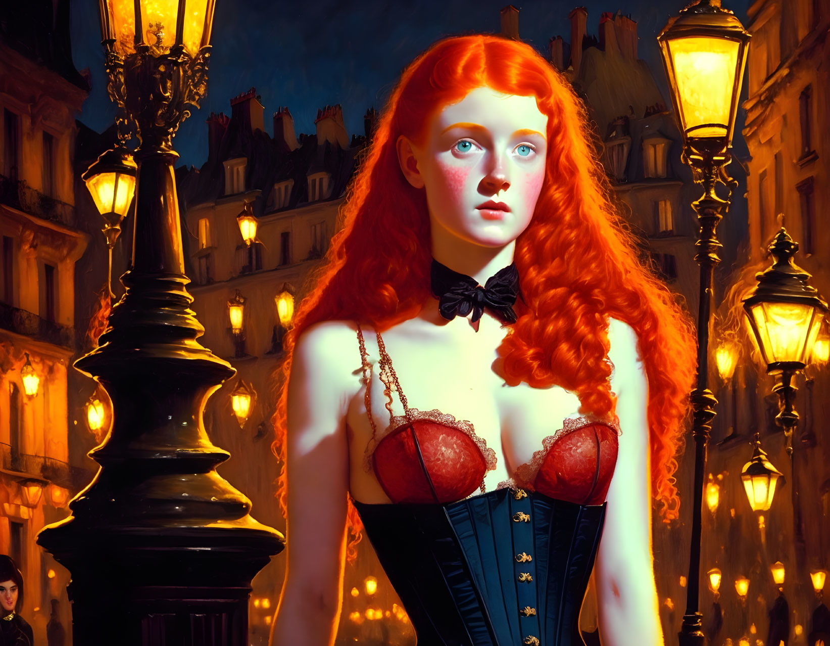 Digital Artwork: Woman with Red Hair in Corset in Nocturnal Cityscape