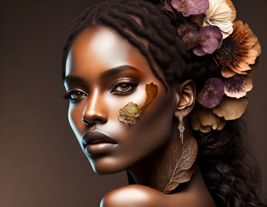 Woman adorned with floral hair decorations and leaf motifs, displaying nature-inspired makeup and jewelry.