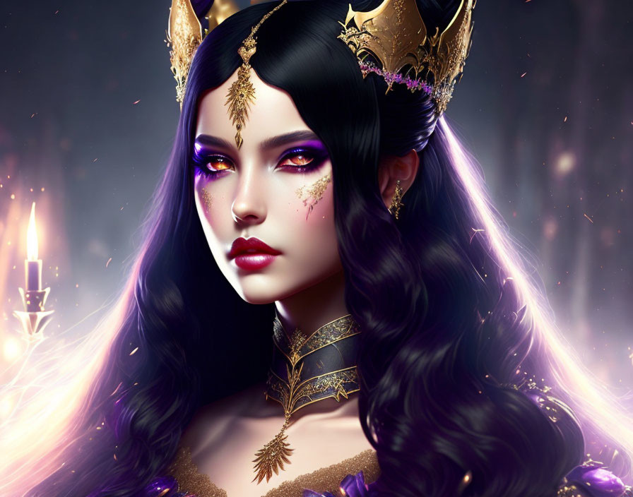 Fantasy queen digital artwork with golden crown, dark hair, purple eyes, and glowing freckles