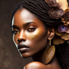 Woman adorned with floral hair decorations and leaf motifs, displaying nature-inspired makeup and jewelry.