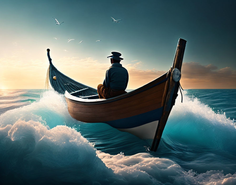 Person in hat rows wooden boat on surreal, wave-tossed sea with dramatic sky.