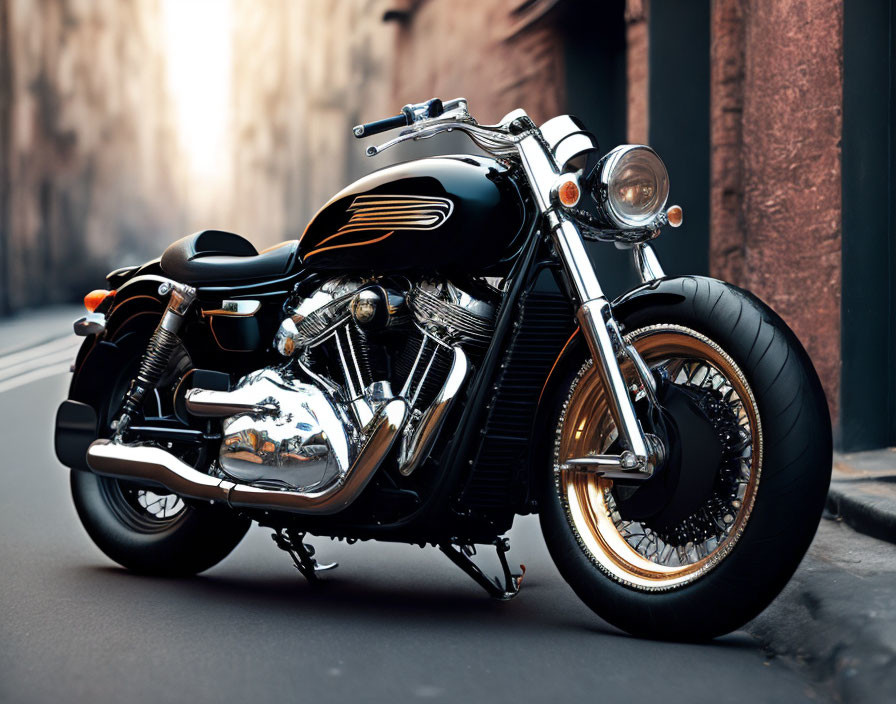 Urban street scene with black cruiser motorcycle and chrome details