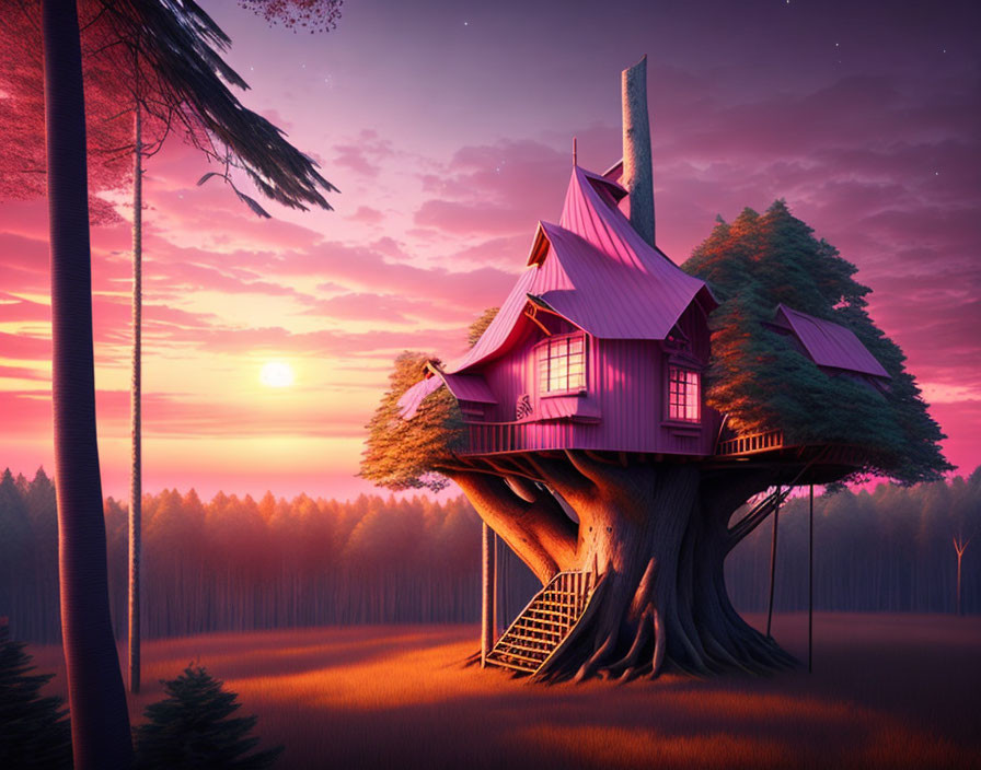 Purple treehouse with red roofs in tree at sunset