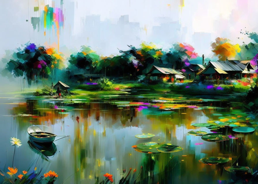 Tranquil riverside village painting with vibrant foliage and boat