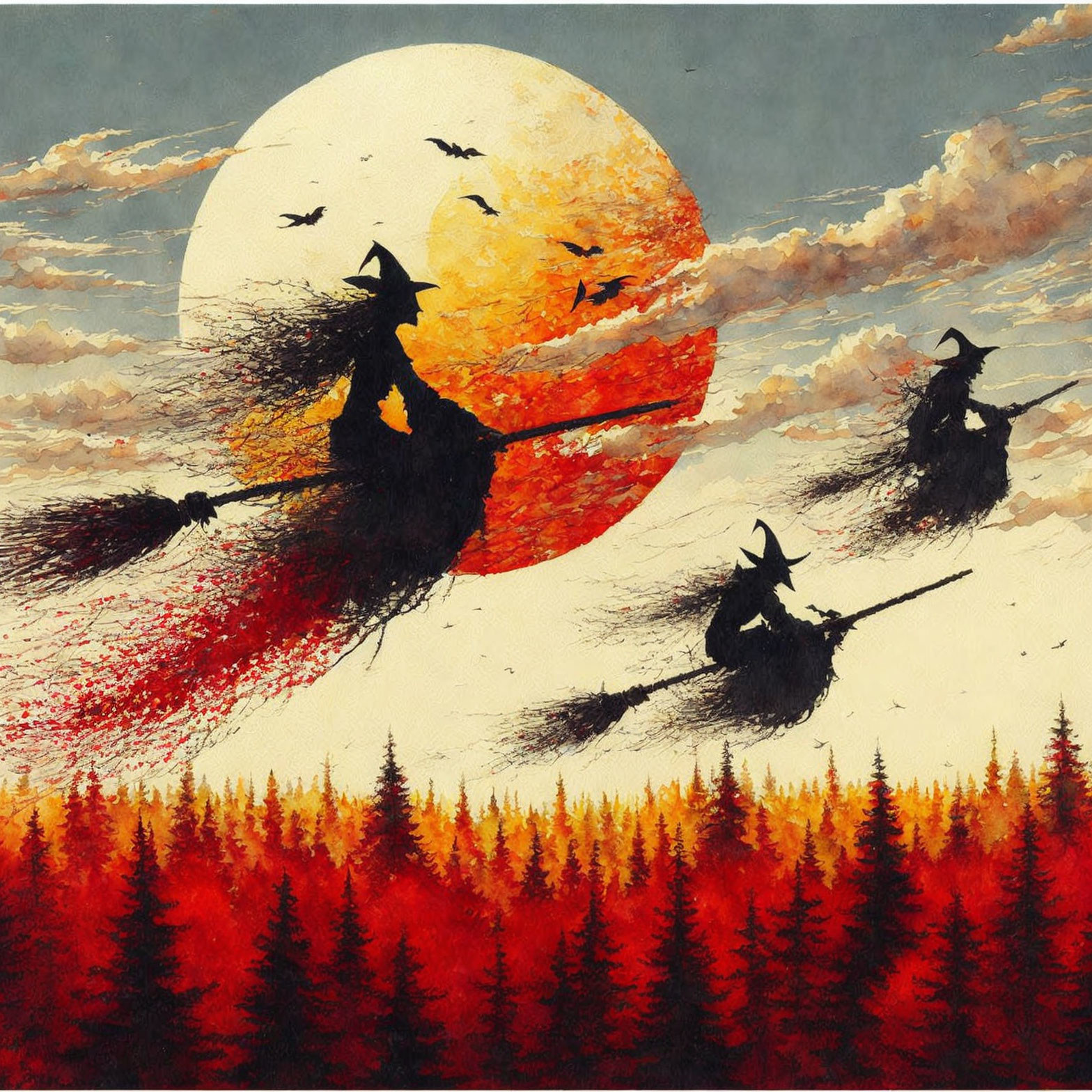 Artwork of three witches on broomsticks under full moon