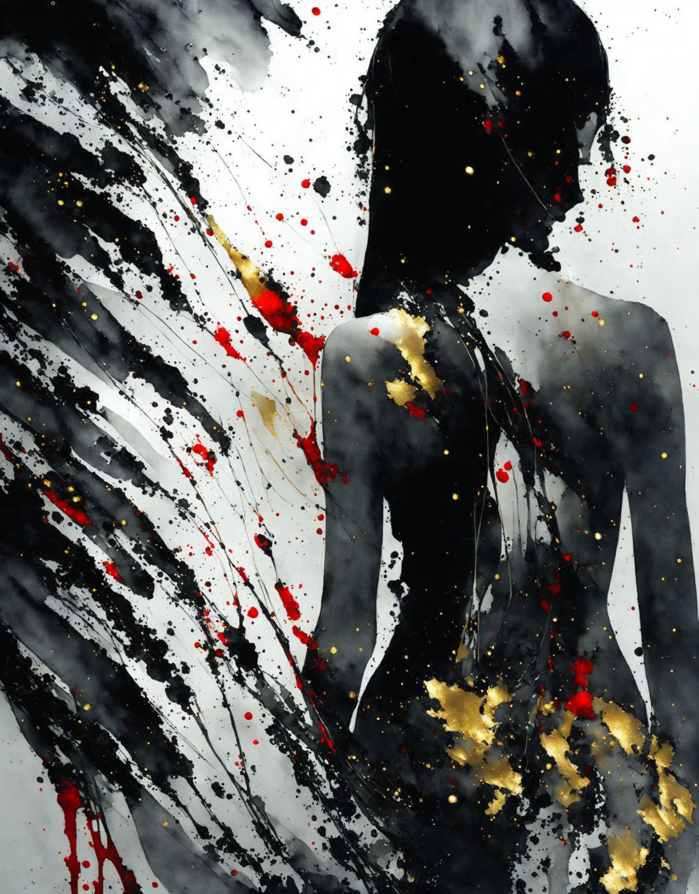 Female silhouette abstract art with black and gold splatters on gray background