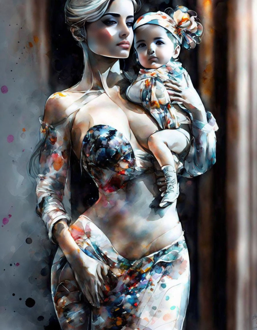 Colorful floral patterns adorn woman and baby in stylized painting