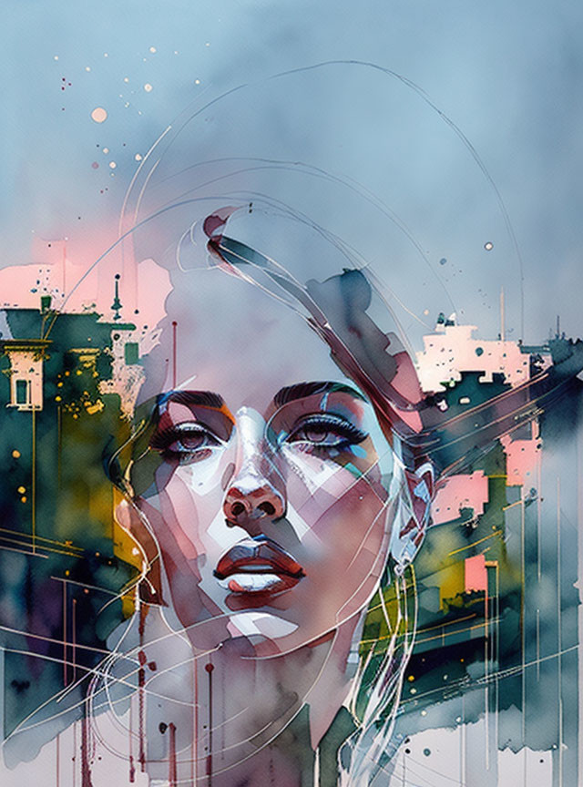 Woman's face in watercolor style blending with abstract cityscape in cool tones