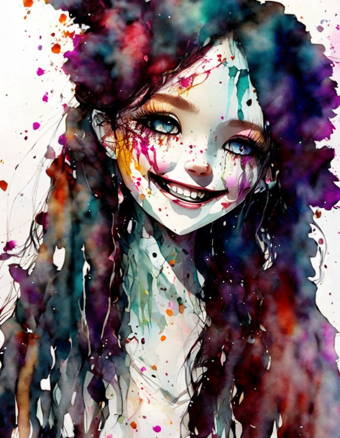 Colorful Watercolor Illustration of Smiling Girl