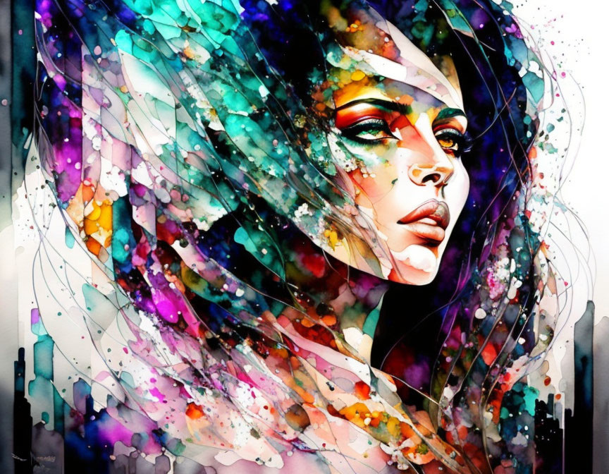 Colorful watercolor portrait of a pensive woman with vibrant splash effect hair.