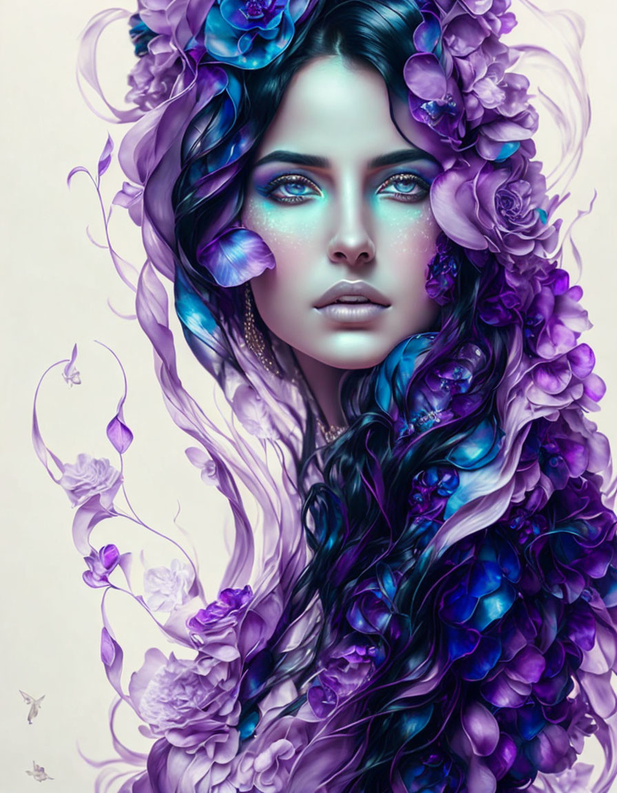 Digital artwork: Woman with black hair, purple flowers, blue eyes, ethereal makeup