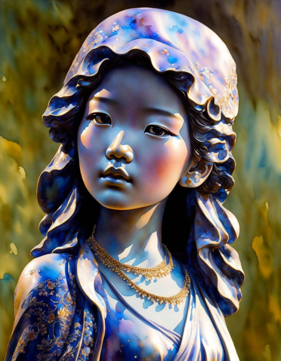 Statue of girl with blue patterns, headscarf, and necklace