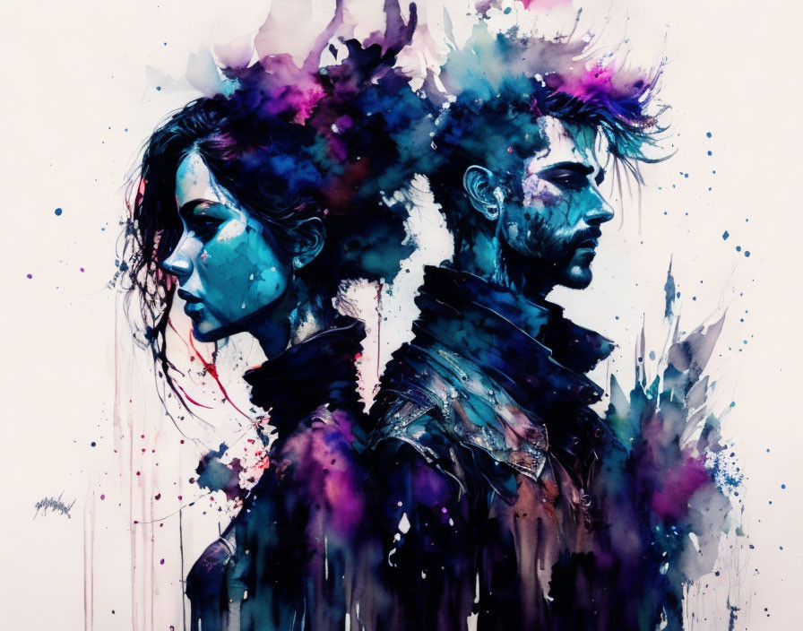 Vivid watercolor painting of man and woman merging in abstract blue and purple.