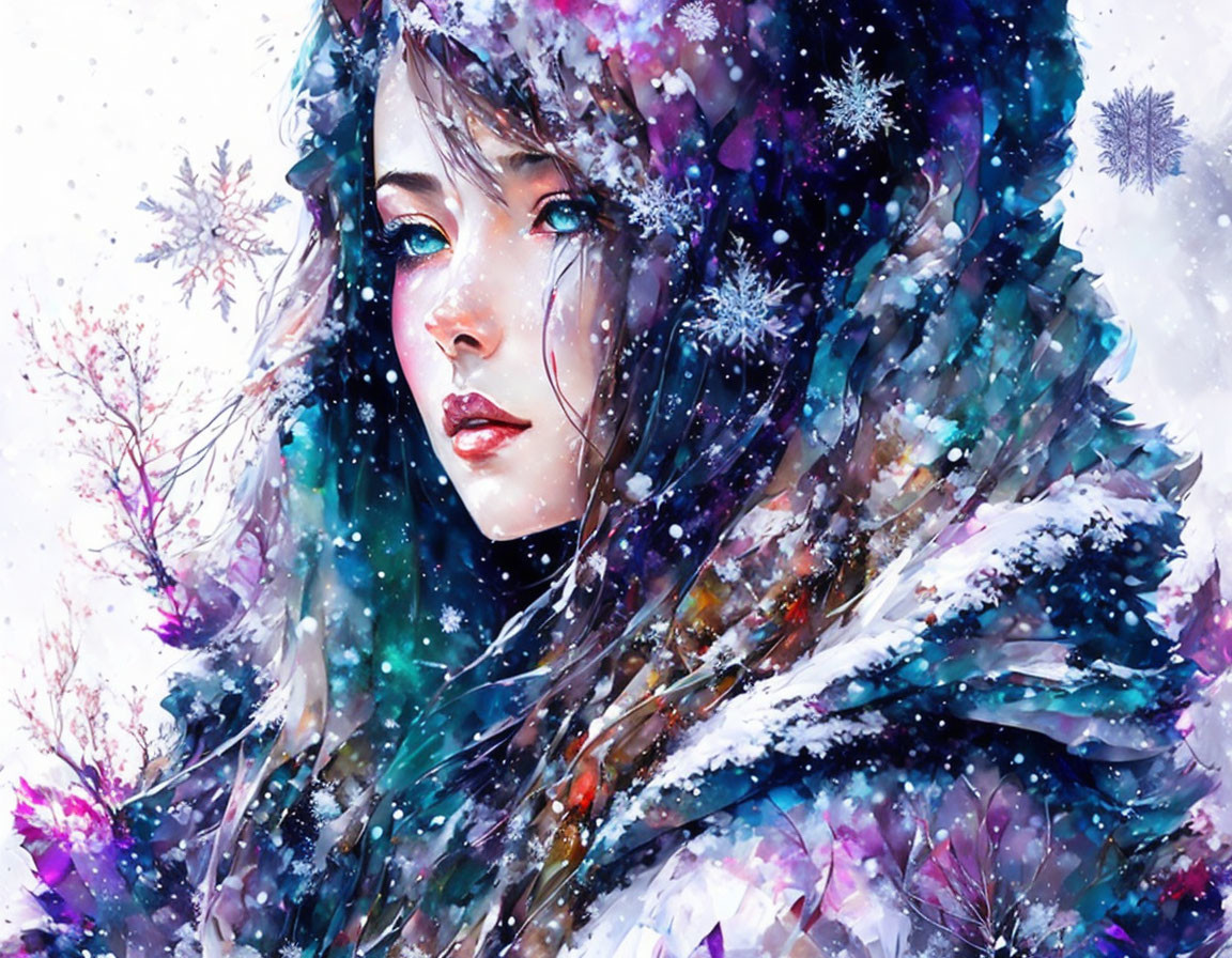 Colorful Scarf Woman Surrounded by Snowflakes and Winter Flora