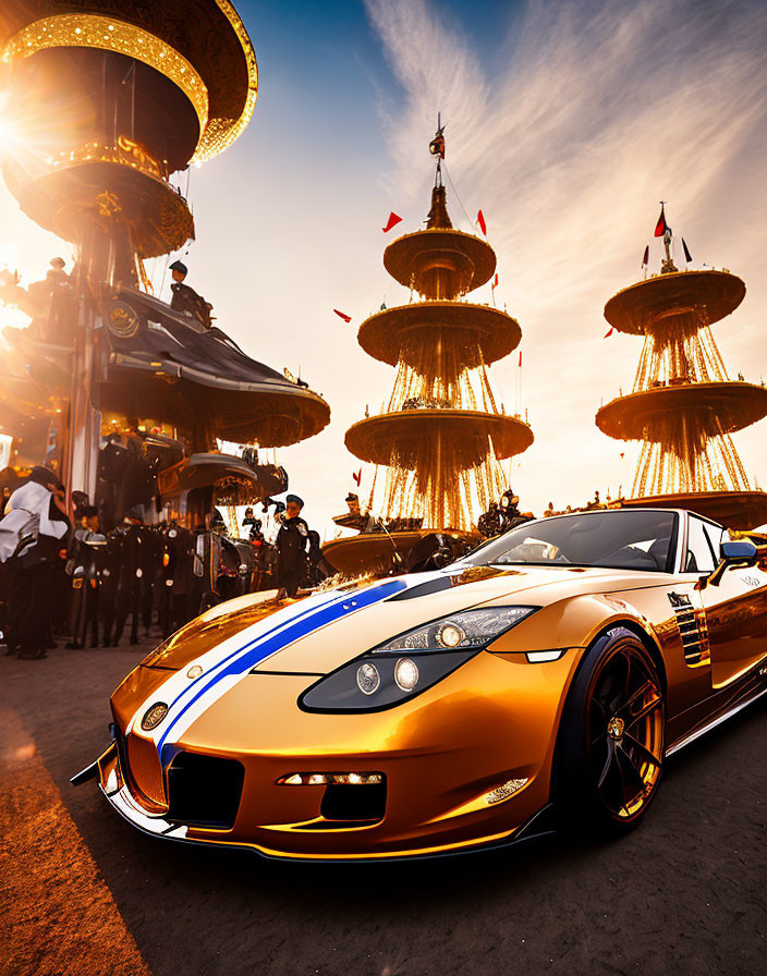 Bronze sports car with blue and white stripes at fairground carousel at sunset