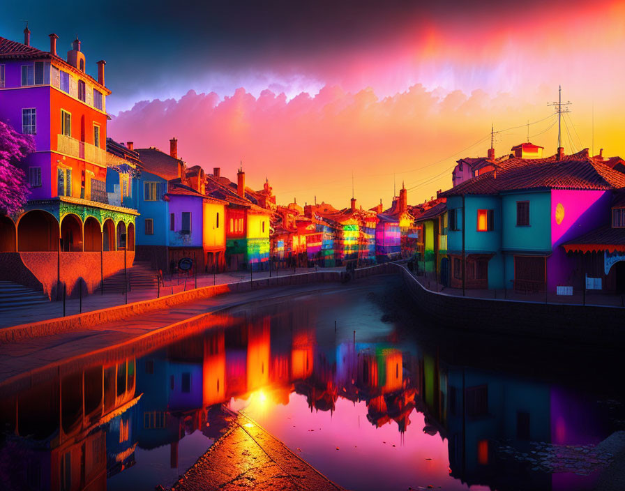 Vividly painted buildings in a colorful European town at sunset