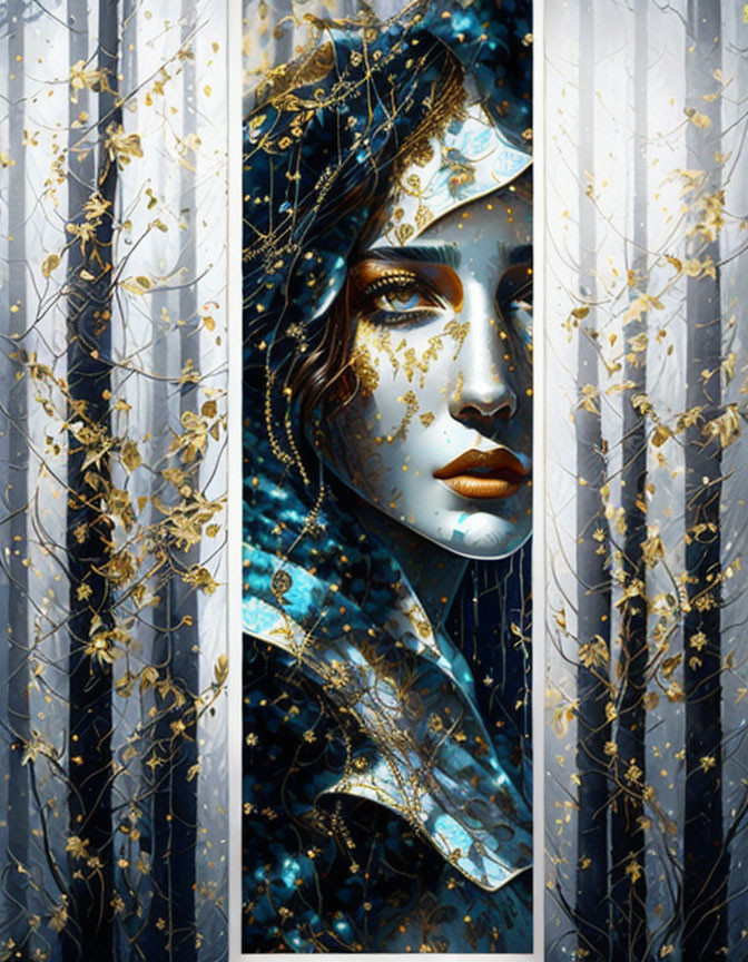 Digital artwork: Woman's face in blue and gold paint behind white curtains with golden leaves