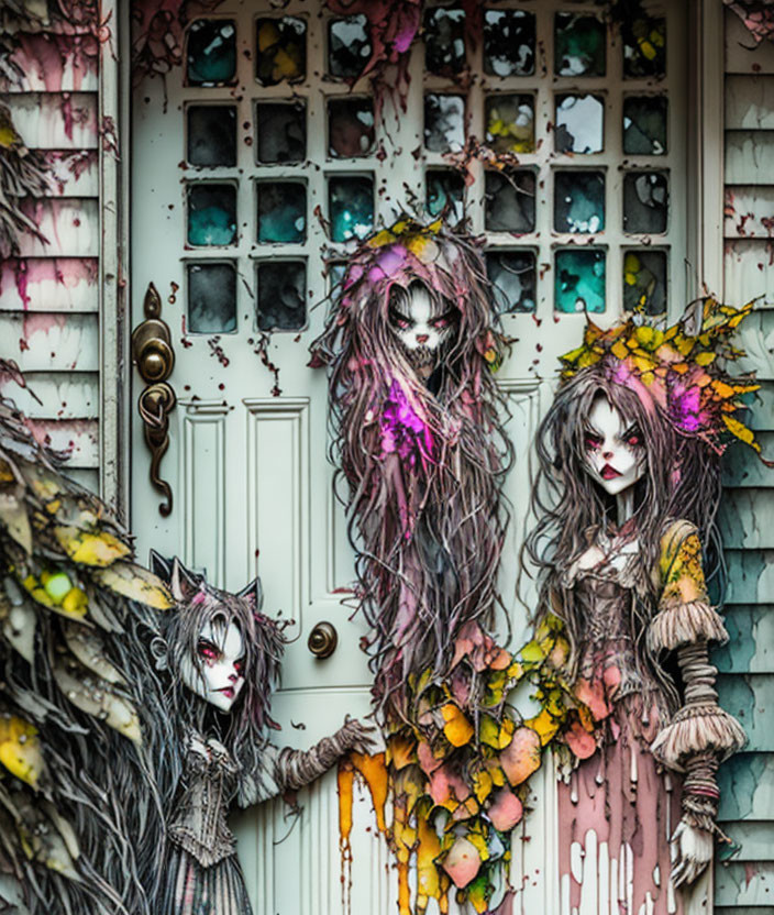 Three spooky dolls with pale faces and dark eyes next to autumn leaves, by a weathered door with