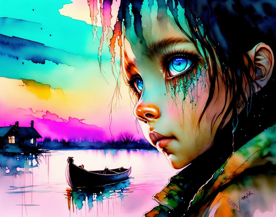 Colorful watercolor painting: young girl with blue eyes, tears, sunset backdrop