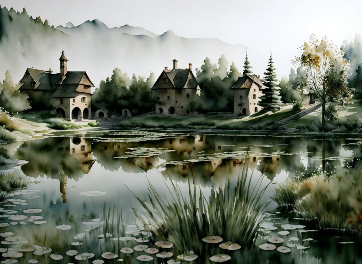 Tranquil watercolor painting of serene pond with water lilies, traditional houses, misty mountains