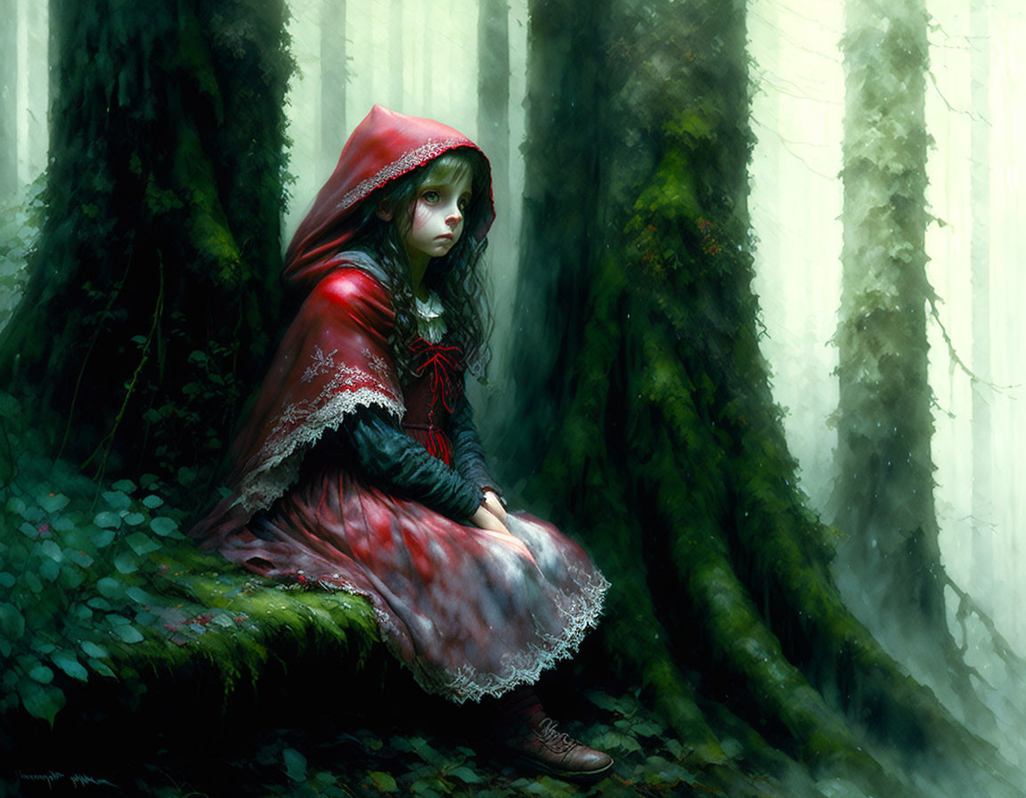 Girl in Red Hood Contemplating in Misty Forest