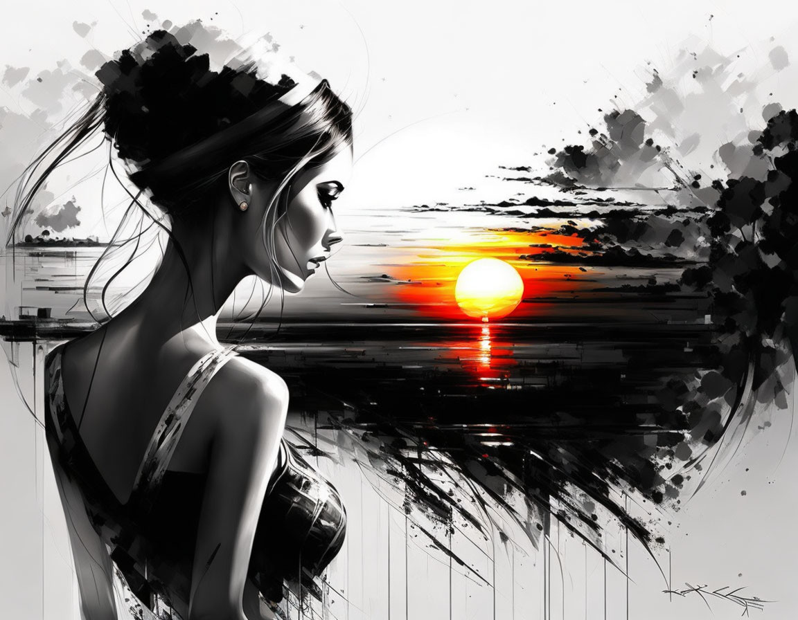 Contemplative woman watching sunset in monochrome illustration