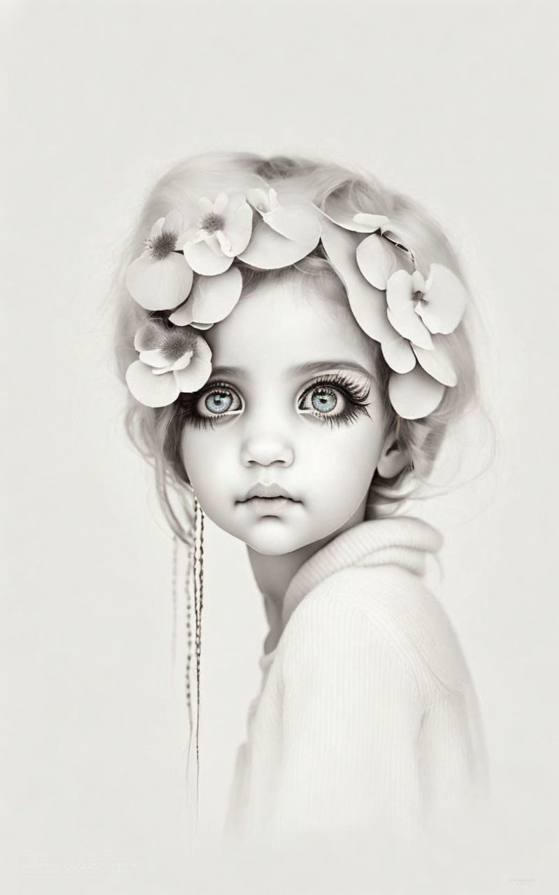 Monochromatic portrait of young girl with expressive eyes and floral headpiece