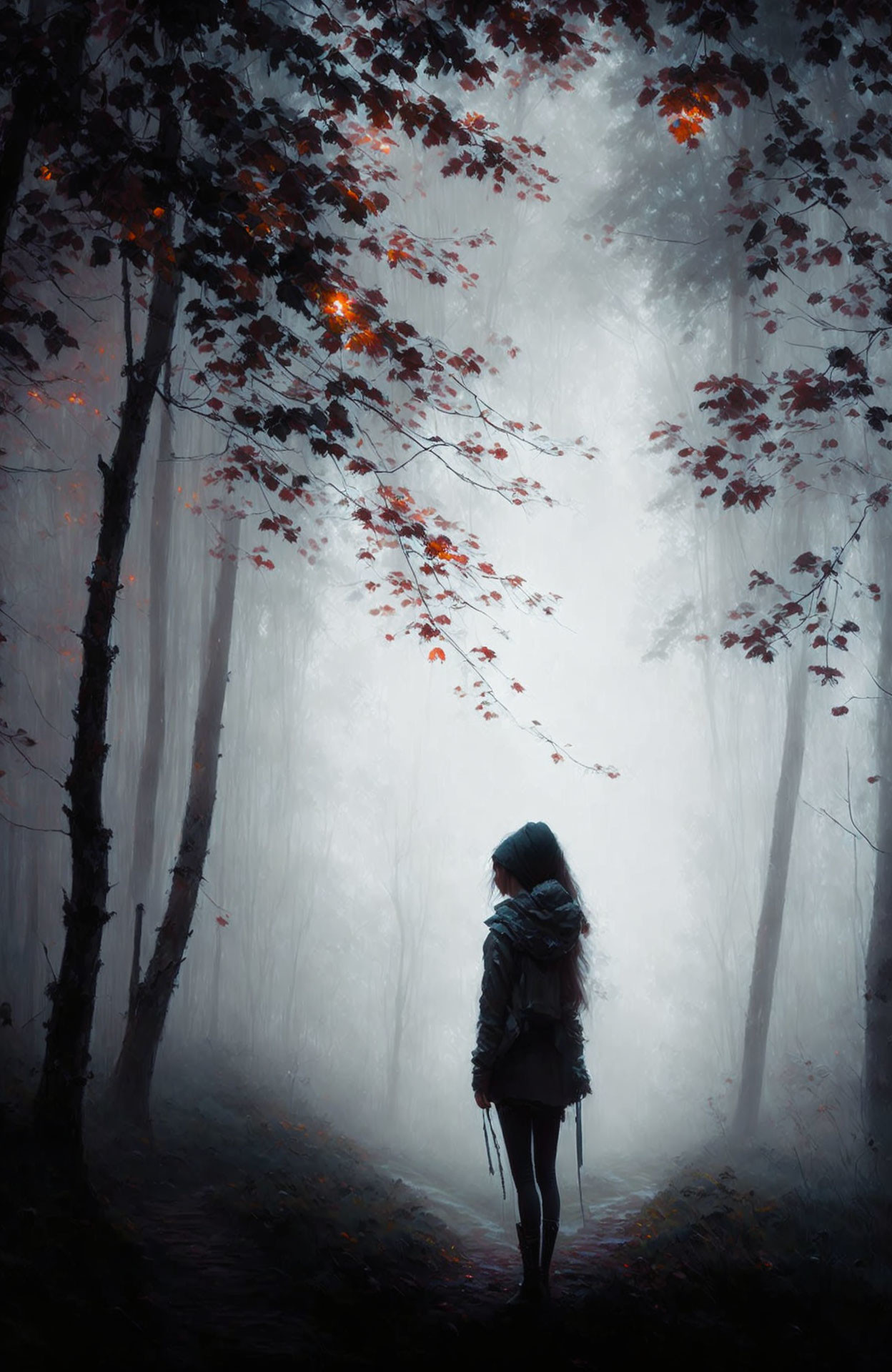 Solitary Figure on Misty Autumn Forest Path