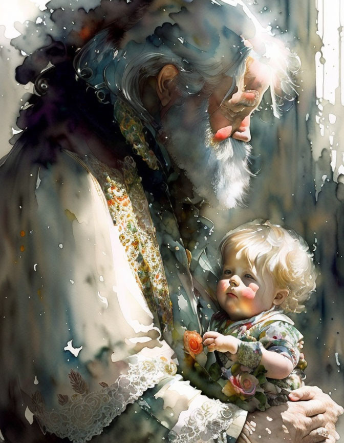 Elderly man cradling baby in soft lighting and watercolor splashes