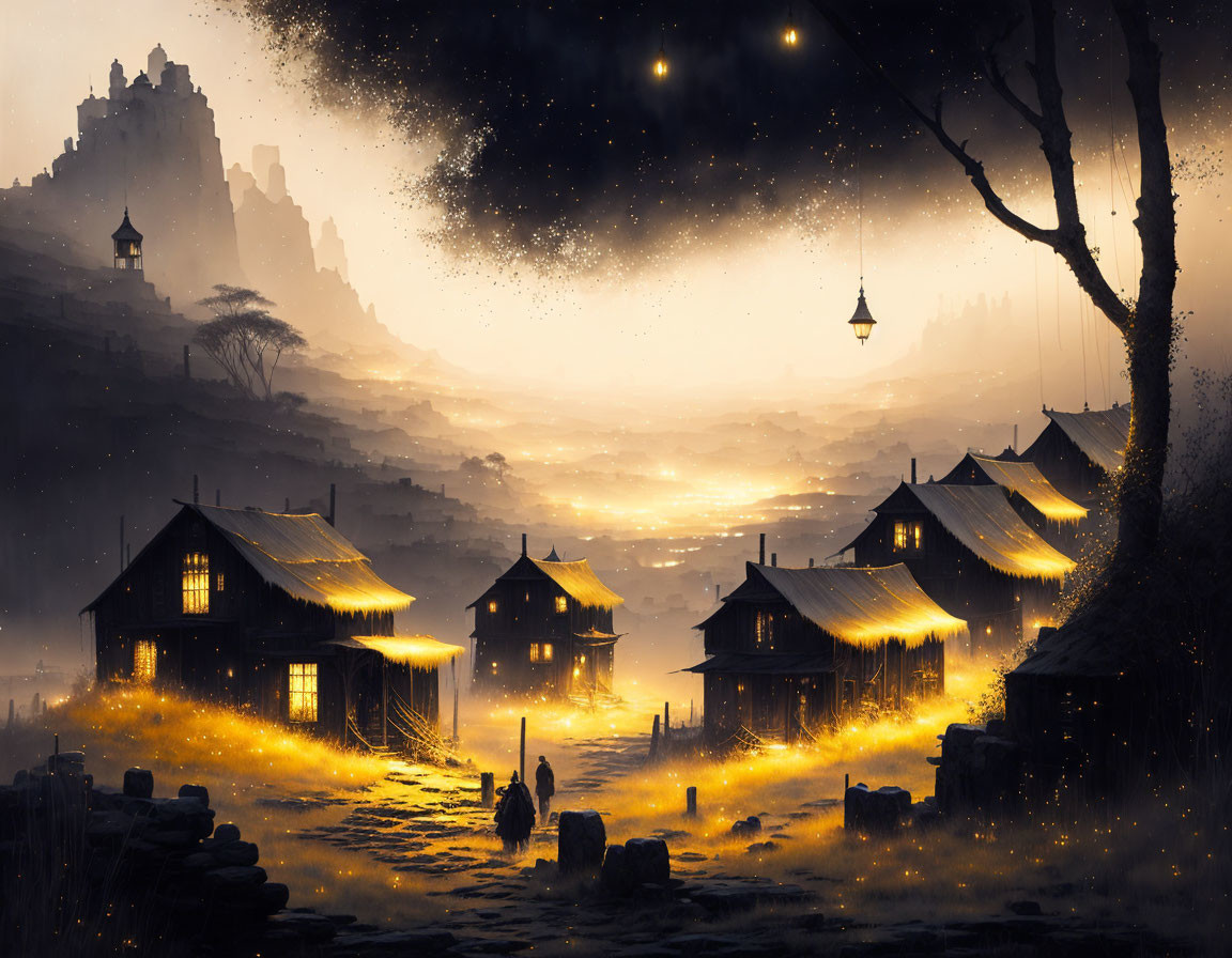 Mystical village at dusk with lanterns, castle, and starry sky