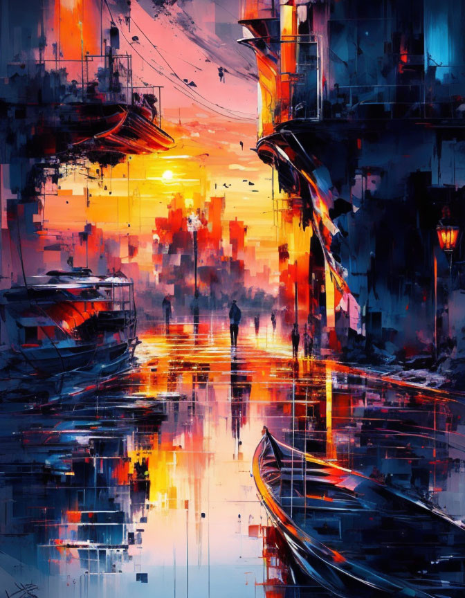 Vibrant abstract cityscape sunset with boat silhouettes & reflections