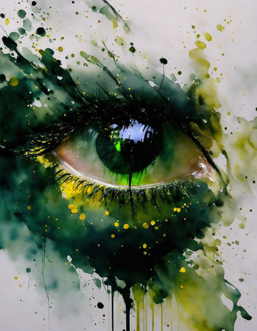 Vivid green eye with dynamic green and yellow paint splashes