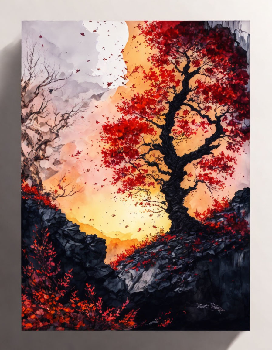 Vivid painting: Red tree foliage against warm sky & dark rocks