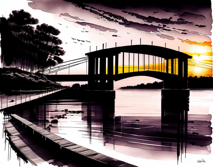 Sunset silhouette: bridge over water with orange sky, mirrored in serene waters, surrounded by trees and