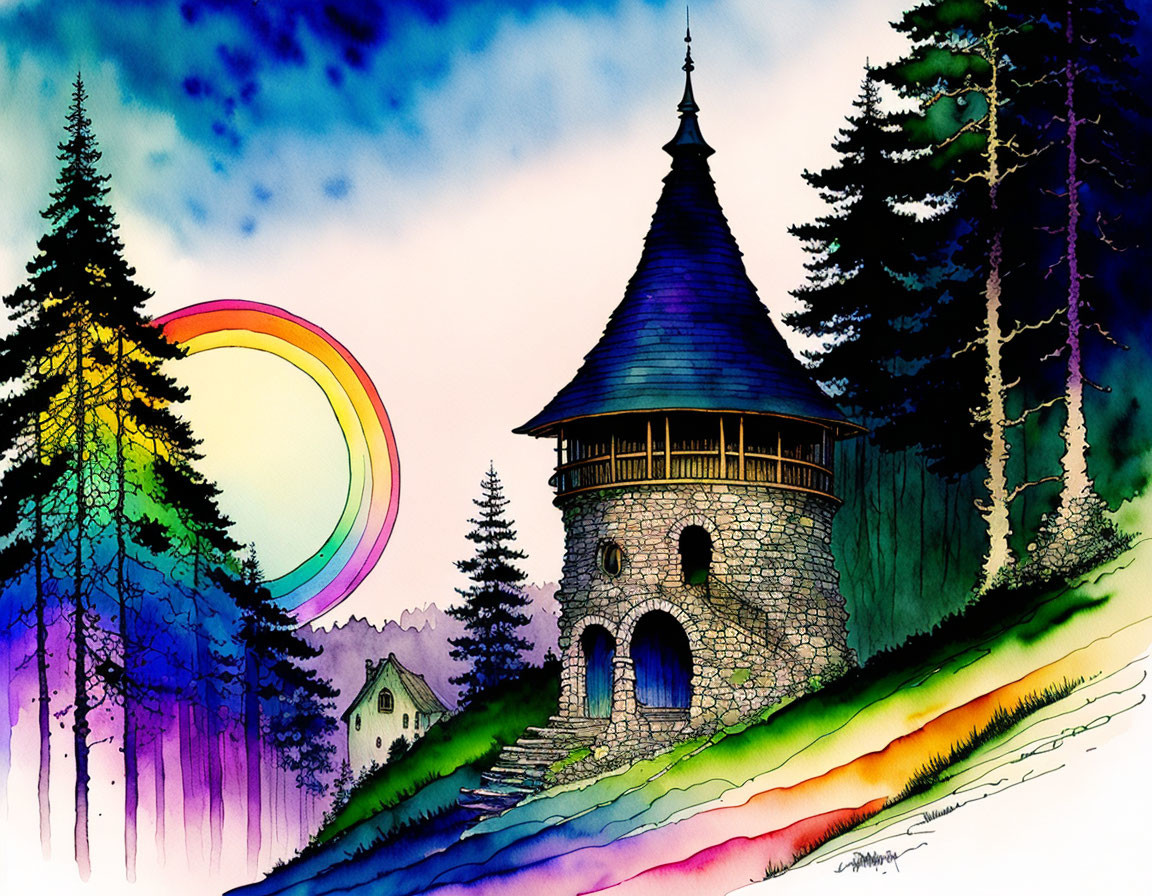 Whimsical stone tower in vibrant forest with rainbow sky