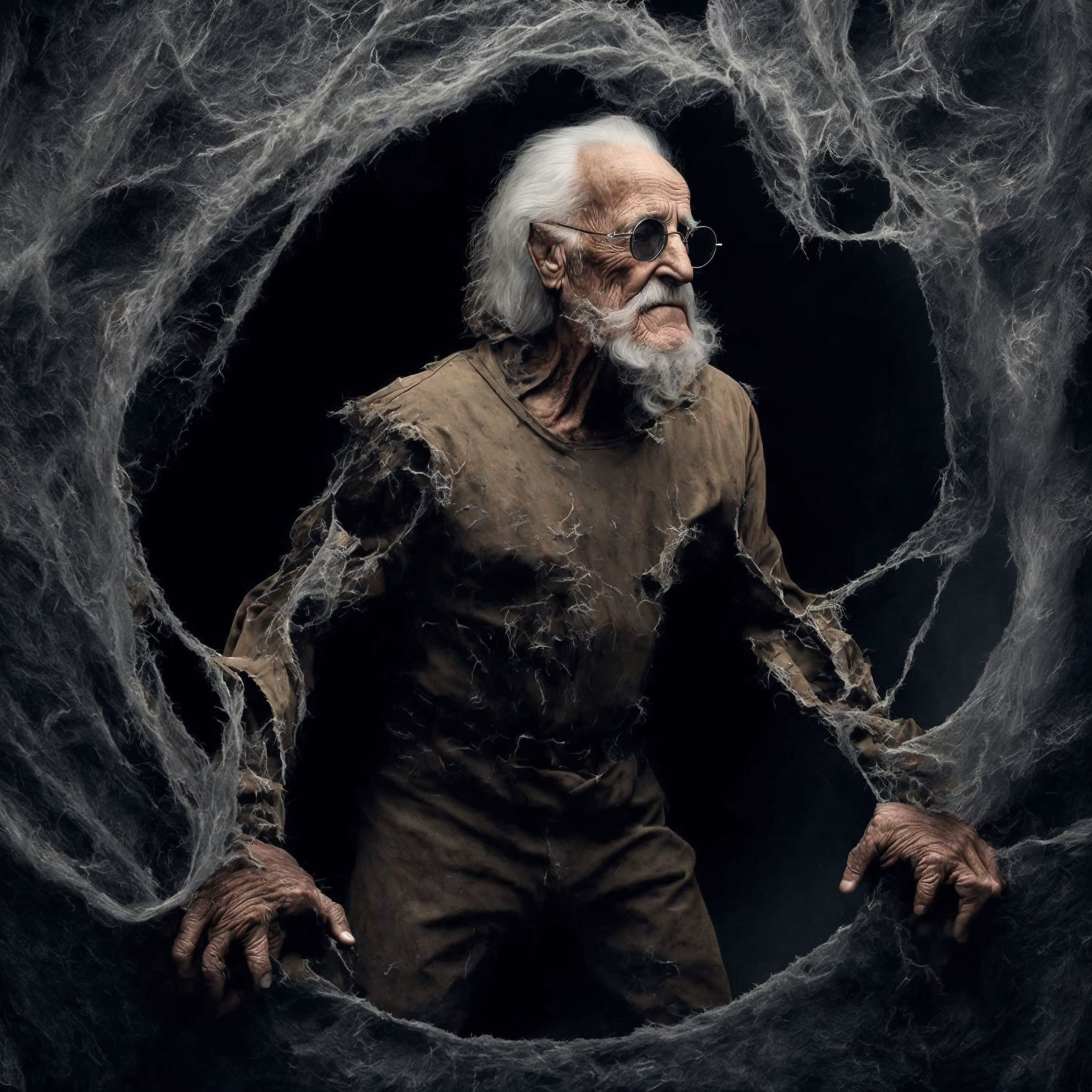 Elderly man with beard and glasses emerges from web-like cocoon