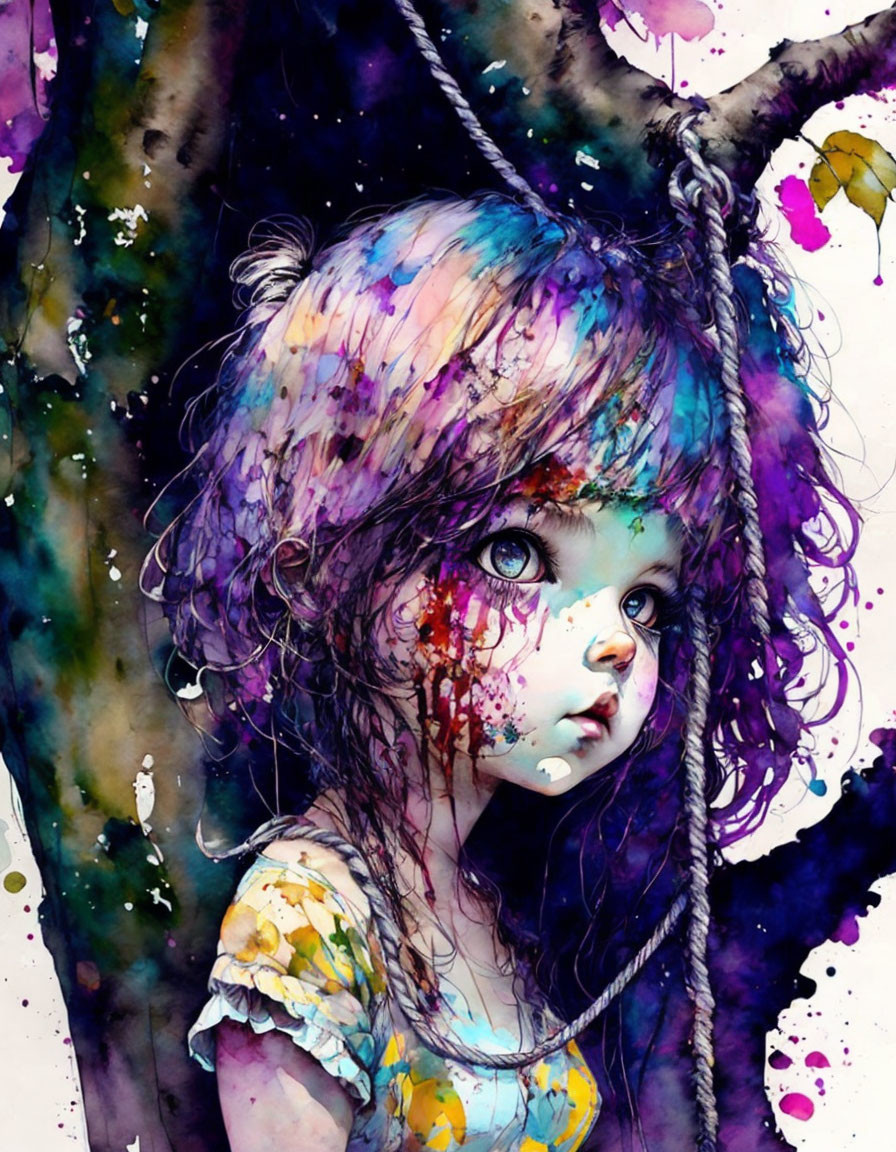 Colorful watercolor illustration: Young girl with multicolored hair and expressive eyes on whimsical backdrop