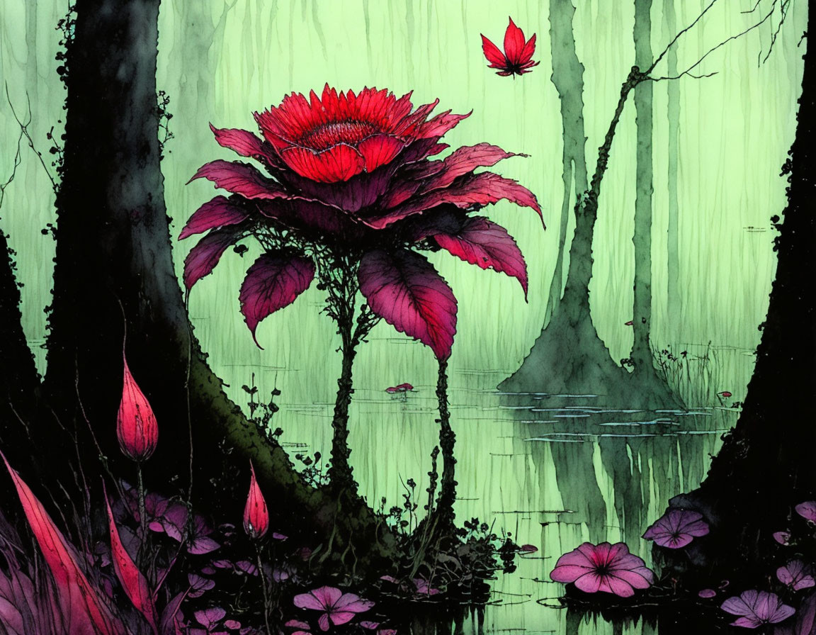 Detailed illustration: Large red flower in mystical green swamp with floating petals and smaller blooms.