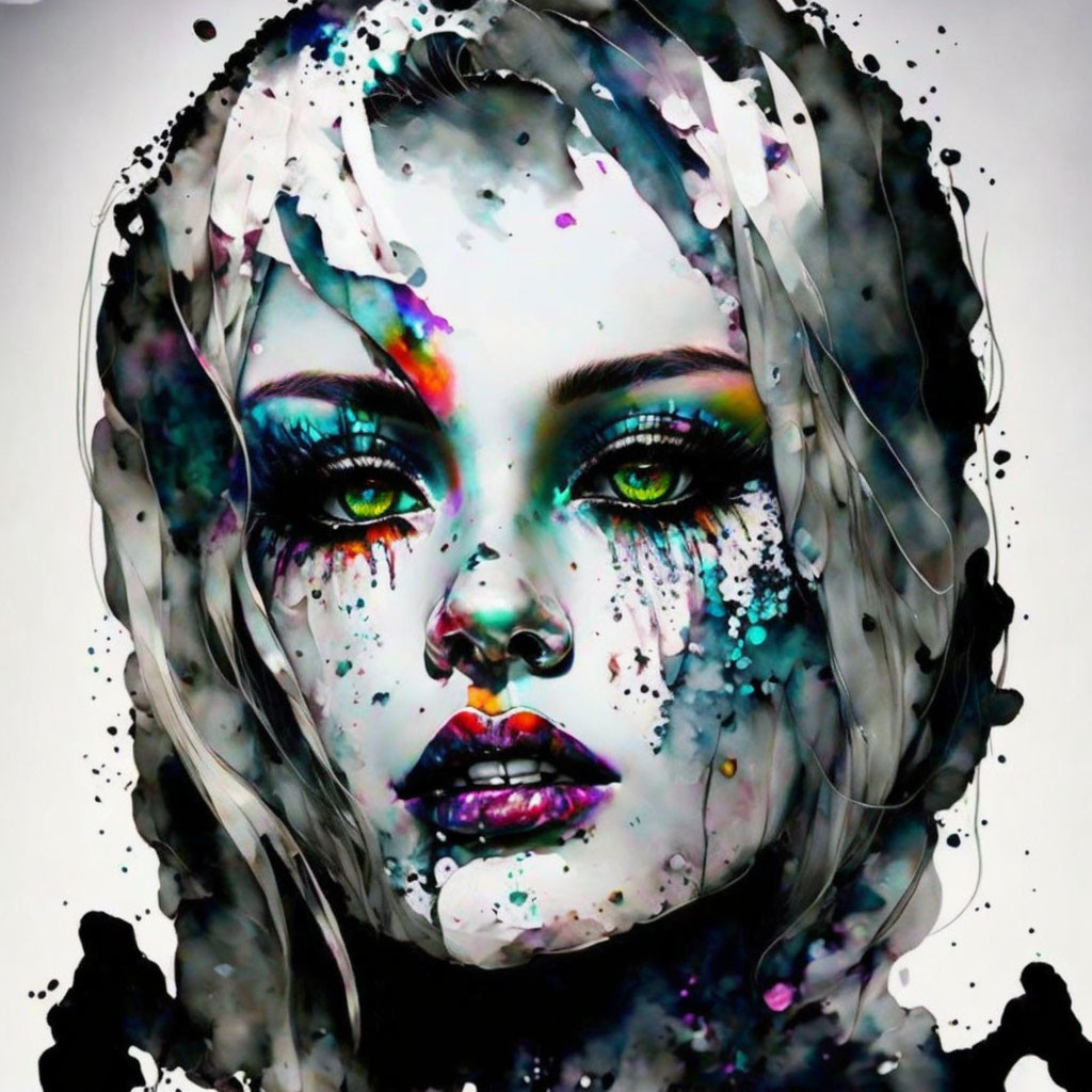 Vibrant digital artwork: Woman's face with dripping watercolor effects