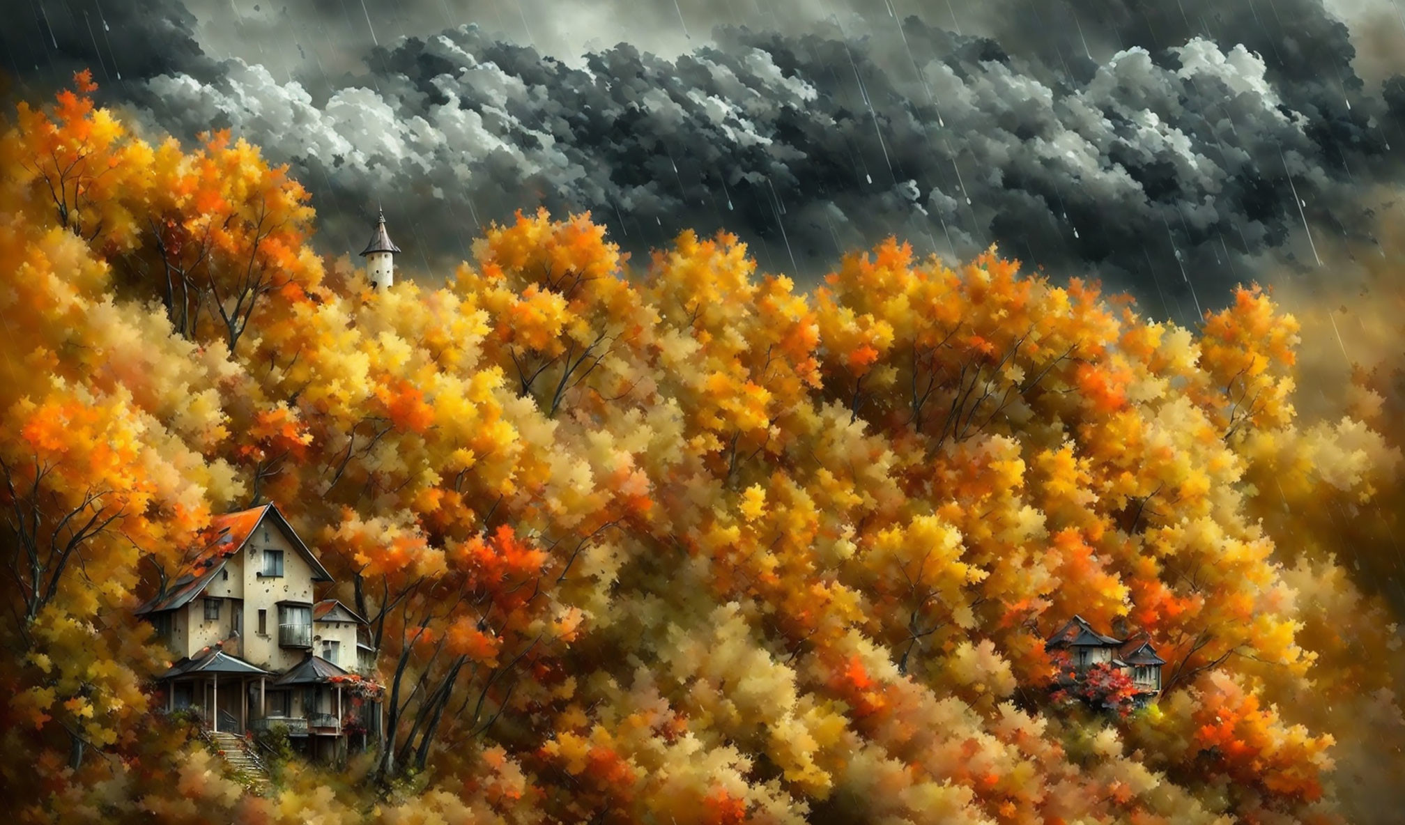 Scenic autumn village with colorful foliage and stormy sky