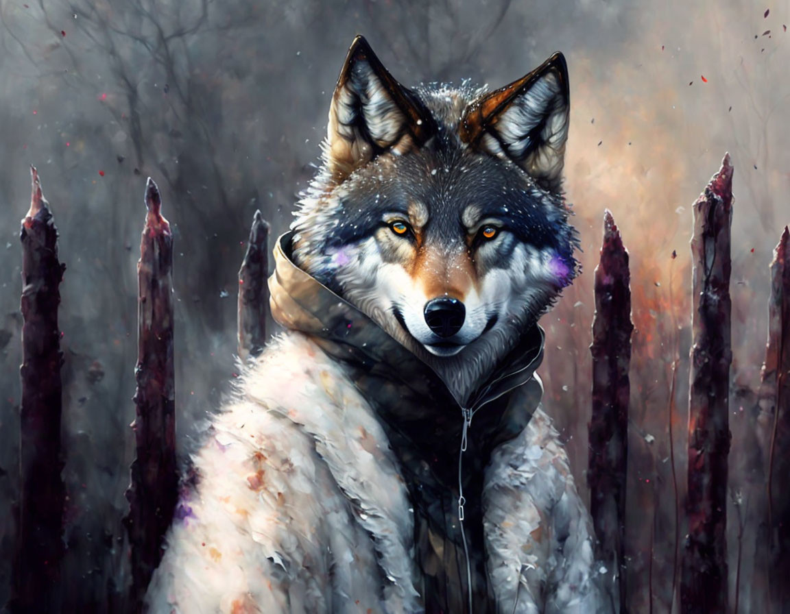 Wolf with human-like features in black jacket in misty forest.